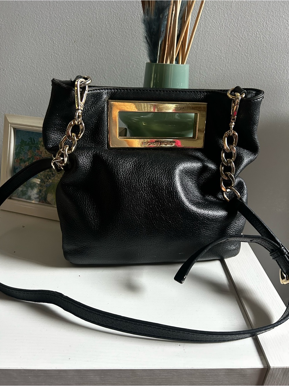 Michael Kors Black Pebbled Leather Clutch with Gold Accent Handle